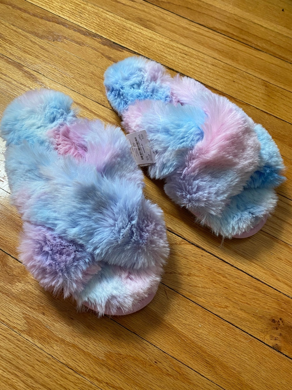 J Crew Tie-Dye Faux Fur Slide Slippers - Pastel Pink & Blue